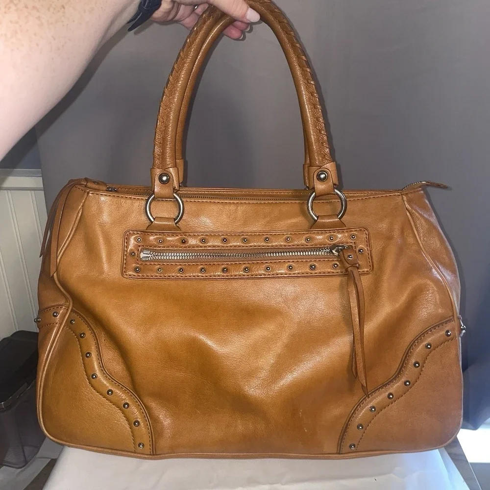 Michael Michael Kors Women's Brown Tan Leather Studded Work Bag Purse Handbag